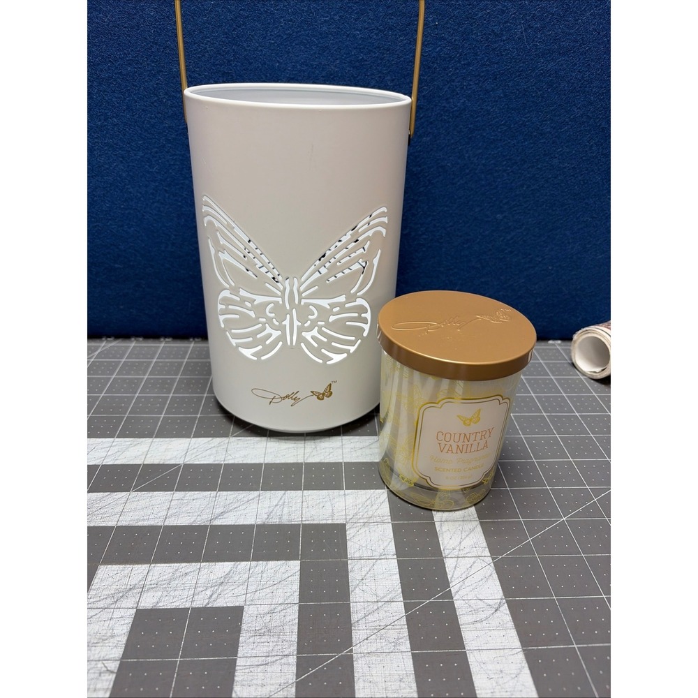 Dolly Butterfly Metal Lantern and Country Vanilla Candle Set White Gold 5338266